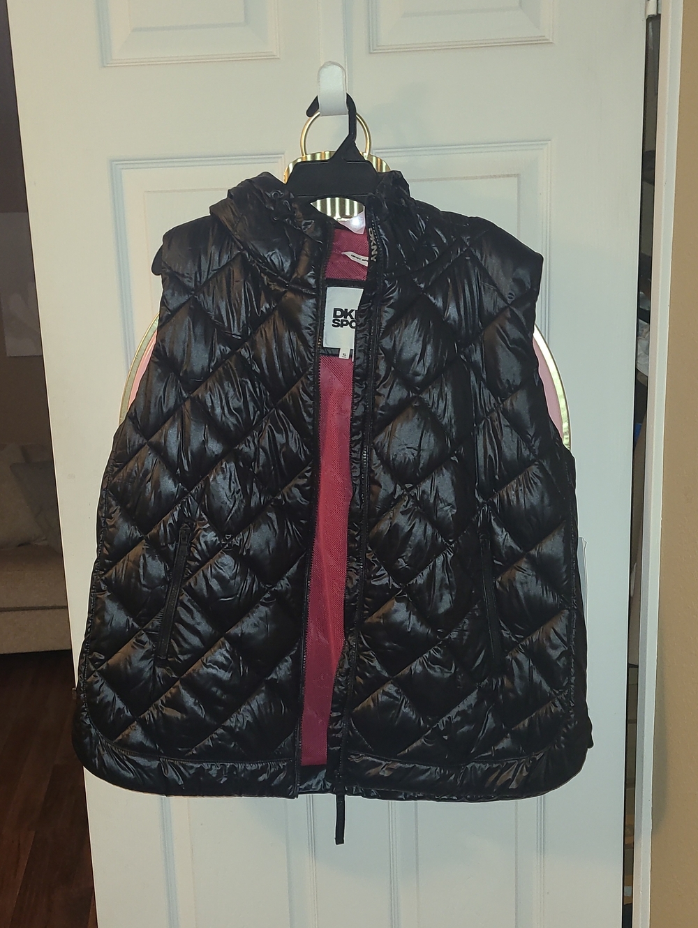 WOMEN DKNY Black Quilted Hooded Puffer Vest SZ XL